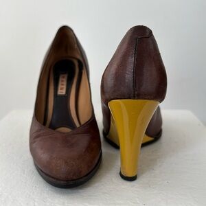 Marni Brown Leather with Yellow Wedge Heels 35.5